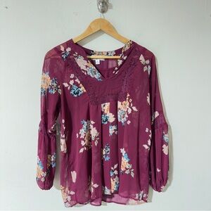 👉 John Paul Richard Petite PM Floral Sheer Blouse & Camisette Set Burgundy Plum